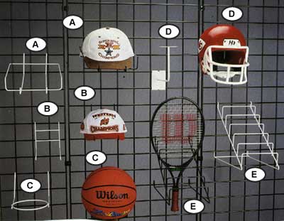 Photo of Gridwall Diplays for Hats, Helmets, Tennis Rackets and Soccer and Basket Balls 